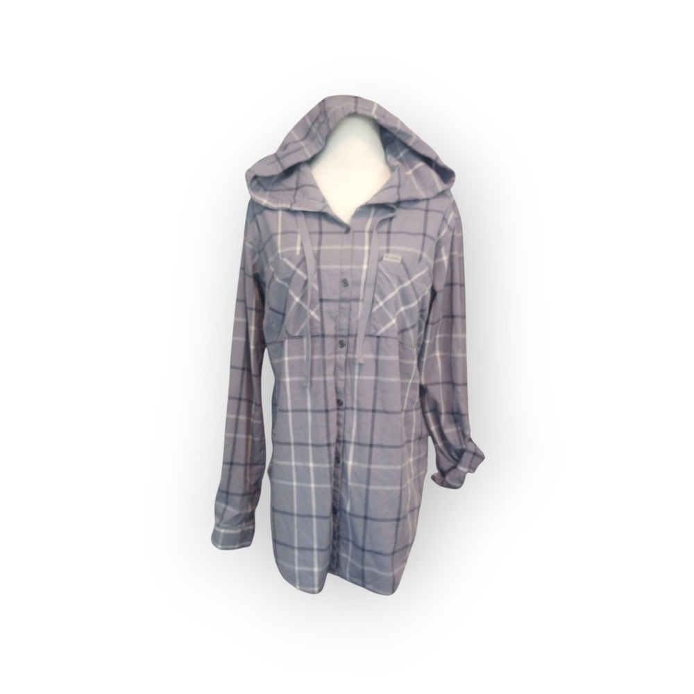 Columbia Jacket, Plaid Cotton Button Up Shirt Hoodie Women's M Purple Shacket